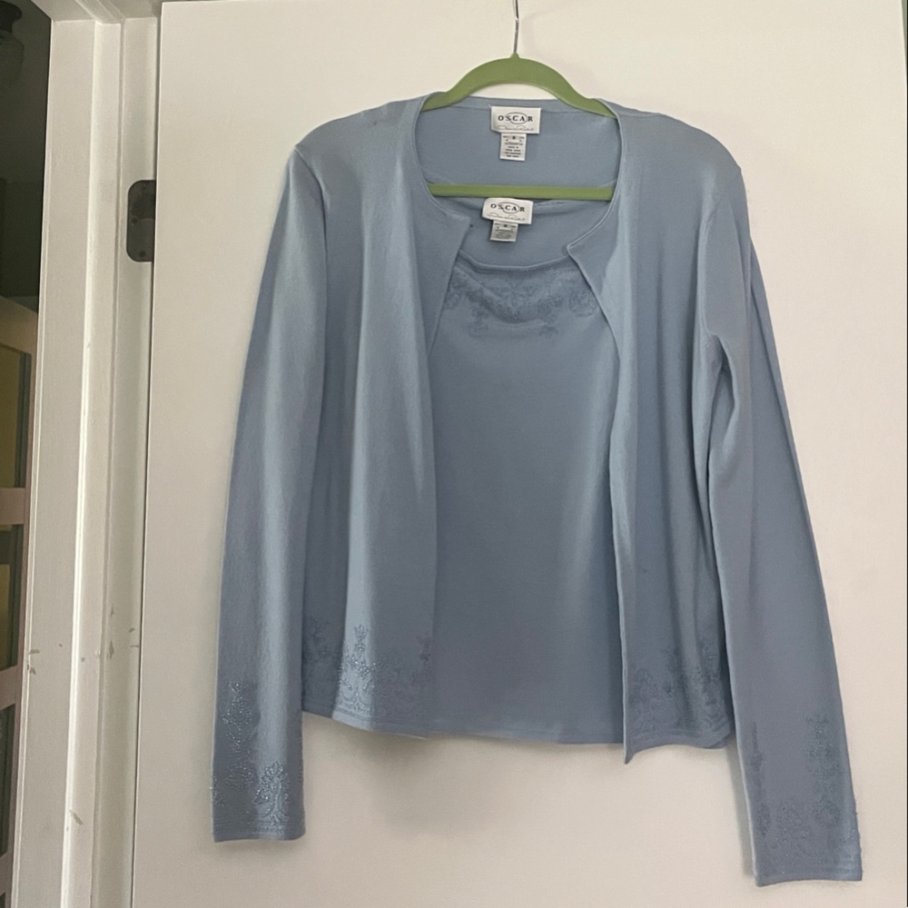 Oscar de la Renta Light Blue 2pc  Sleeve Sweater Set